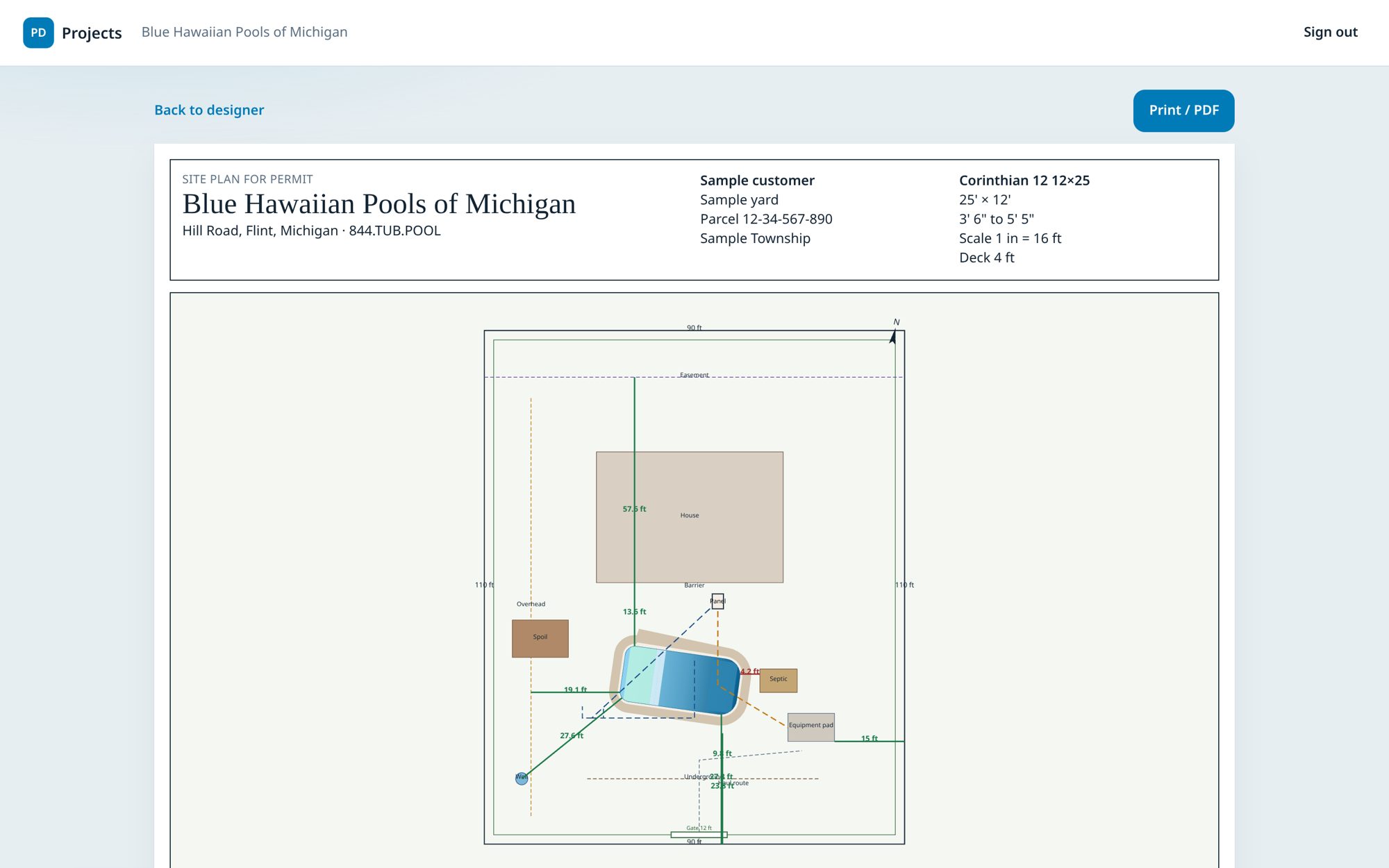 Printable permit site plan with setback table